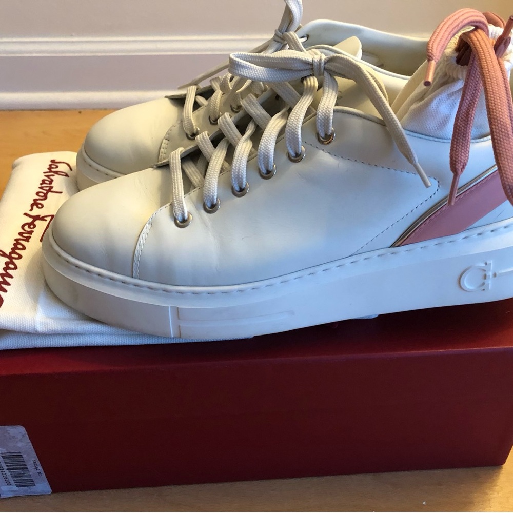 Salvatore Ferragamo White Leather Sneakers with Gold Details